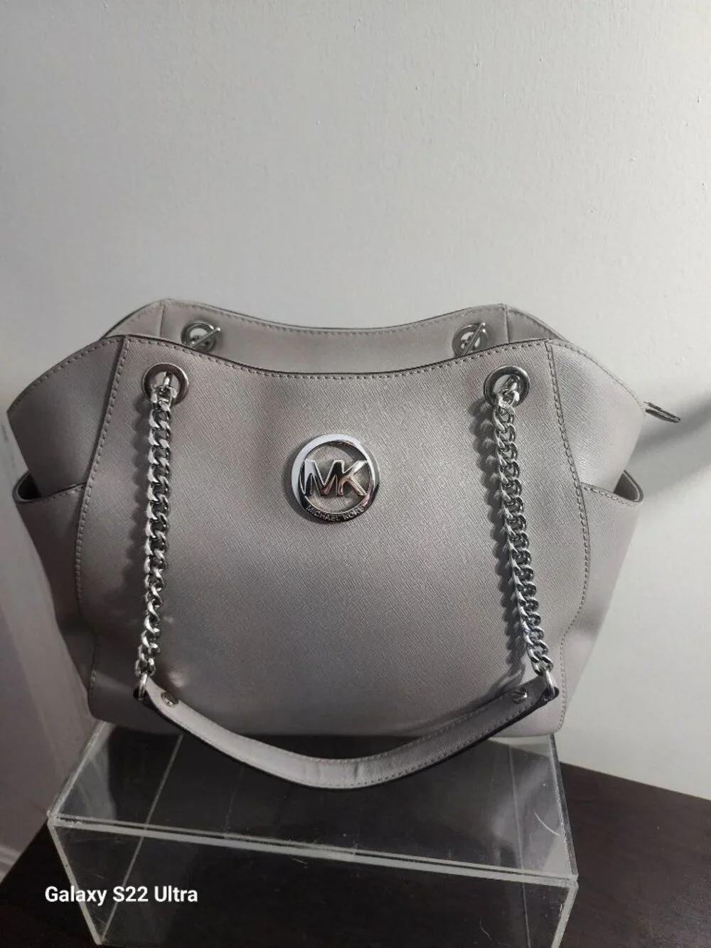 Michael Kors Gray Saffiano Leather Tote Bag With Chain/Leather Strap & Logo Acce